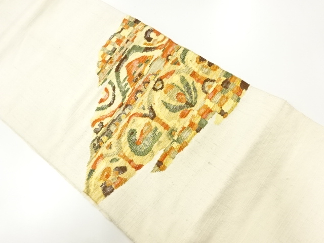 アンティーク　手織り真綿紬花鳥更紗模様織出し名古屋帯